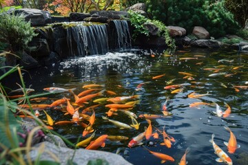 Poster - A serene koi pond with colorful fish swimming near a small waterfall surrounded by lush greenery in a garden setting