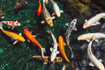 Poster - A serene koi pond with colorful fish swimming near a small waterfall surrounded by lush greenery in a garden setting