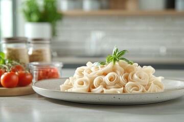 Poster - This delightful dish features gourmet 3D-printed pasta shaped like roses, elegantly arranged on a plate in a stylish kitchen. Generative AI
