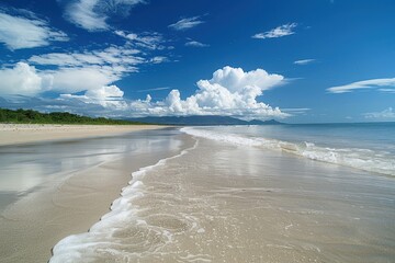 Poster - A tranquil beach view showcasing gentle waves lapping the shore under a bright blue sky with fluffy clouds on a sunny day
