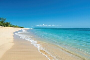 Poster - A tranquil beach view showcasing gentle waves lapping the shore under a bright blue sky with fluffy clouds on a sunny day