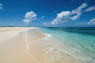 Poster - A tranquil beach view showcasing gentle waves lapping the shore under a bright blue sky with fluffy clouds on a sunny day