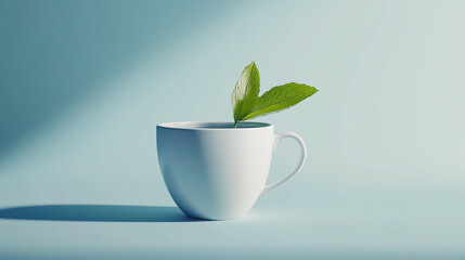 Poster - A single white teacup holds a small sprout with two leaves in its water