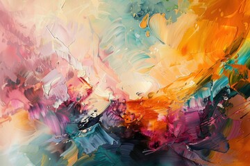 Poster - Vibrant abstract painting featuring swirling hues of orange, blue, and white, showcasing dynamic brush strokes that evoke a sense of movement and energy, captured in an artistic studio