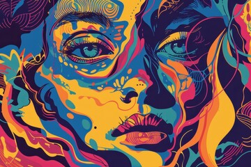 Poster - Vivid and colorful portrait of a woman with expressive eyes and flowing hair, showcasing bold patterns and shades in a modern artistic style