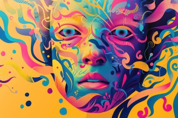 Poster - Vivid and colorful portrait of a woman with expressive eyes and flowing hair, showcasing bold patterns and shades in a modern artistic style