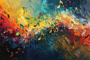 Poster - Abstract representation of musical notes and sound waves in vibrant colors, creating an energetic atmosphere filled with rhythm and harmony