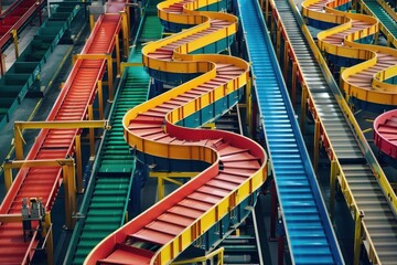 Leinwandbilder - Colorful conveyor belt system in a manufacturing facility featuring curved tracks for efficient product movement during the daytime