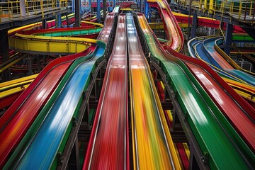 Leinwandbilder - Colorful conveyor belt system in a manufacturing facility featuring curved tracks for efficient product movement during the daytime
