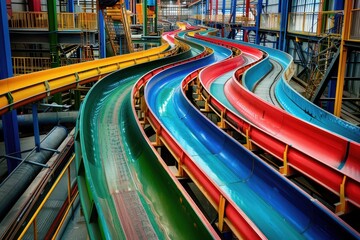 Leinwandbilder - Colorful conveyor belt system in a manufacturing facility featuring curved tracks for efficient product movement during the daytime