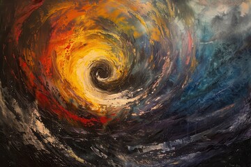 Poster - Colorful abstract artwork with swirling patterns in black and orange shades created on textured canvas during a sunny afternoon