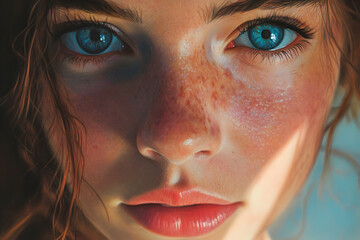 Wall Mural - Reflective young woman with freckles and bright eyes . illustration