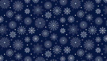 Aufkleber - Seamless Christmas pattern. White Snowflake pattern on blue winter background. Vector decorations for New year holiday greeting cards, banner, wrapping paper, invitations
