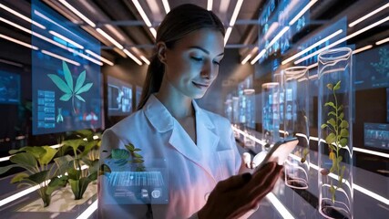 Poster - A scientist in a lab using a smartphone amidst digital plant displays.