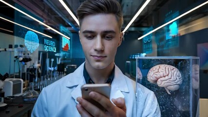 Poster - A young scientist in a lab, holding a phone, with a brain model in a glass container.