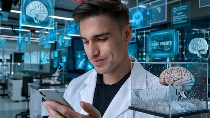 Poster - A scientist examines a smartphone while observing a brain model in a high-tech lab.