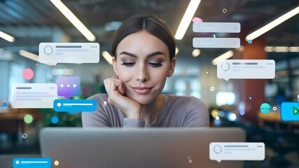 Poster - A woman engaged with her laptop, surrounded by chat bubbles, indicating online communication.