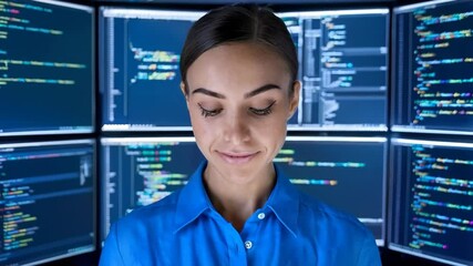 Poster - A smiling woman in a blue shirt works on a laptop surrounded by multiple screens of code.