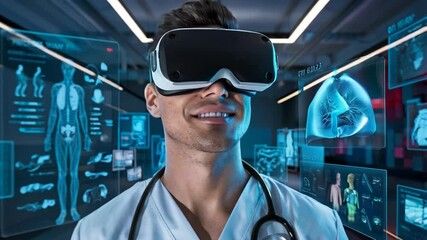 Poster - A medical professional using virtual reality for educational purposes in a high-tech environment.