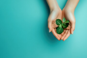Poster - Two hands support a delicate seedling, symbolizing care and growth against a bright backdrop, showcasing a moment of nurturing. Generative AI
