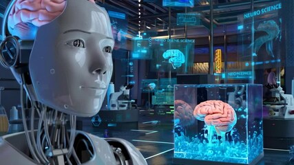 Poster - A futuristic lab featuring a robot and a brain display, emphasizing neuroscience and technology.