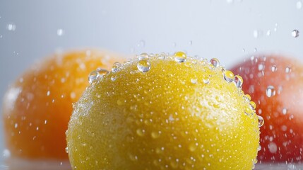 Poster - Fresh citrus fruits glisten with water droplets, highlighting their vibrant colors and refreshing nature in a kitchen setting. Generative AI