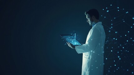 Fototapete - The doctor in a white coat studies a digital tablet, surrounded by glowing data points, showcasing advanced medical technology in a dark setting. Generative AI