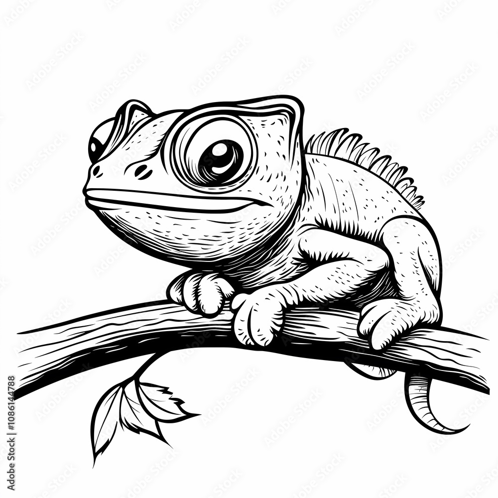 Kids coloring page with a chameleon, black and white, simple line art ...
