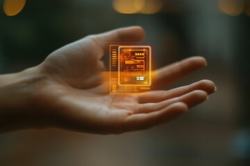 Leinwandbilder - A hand displays a micro biochip that presents dynamic holographic health metrics, demonstrating advanced technology and health monitoring. Generative AI