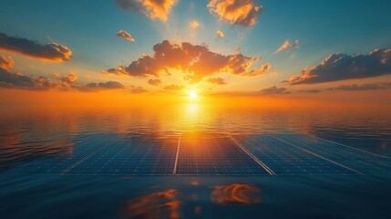 Canvas Print - Beautiful Sunset Over Calm Ocean with Solar Panels Reflecting Sunlight, Illustrating Renewable Energy and Sustainability in Nature's Stunning Landscape