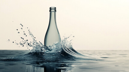 Poster - An empty glass bottle falls into still water, causing a ripple effect and small splashes