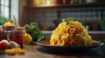 Aufkleber - A beautifully crafted dish of gourmet 3D-printed pasta features intricate shapes and is presented in a cozy kitchen atmosphere. Generative AI