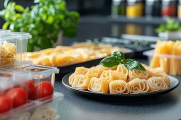 Poster - Intricate 3D-printed pasta shapes are beautifully arranged on a plate, complemented by fresh basil, in a contemporary kitchen. Generative AI