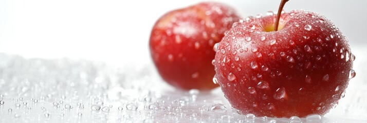 Leinwandbilder - Two vibrant red apples covered in tiny water droplets are placed on a shiny surface, showcasing their freshness and color. Generative AI