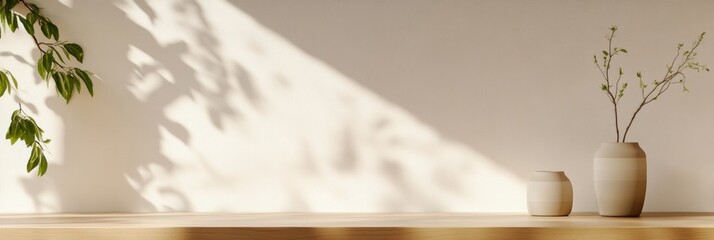 Aufkleber - Soft shadows and natural light enhance a minimalist shelf featuring two ceramic vases and lush greenery, creating a peaceful atmosphere. Generative AI