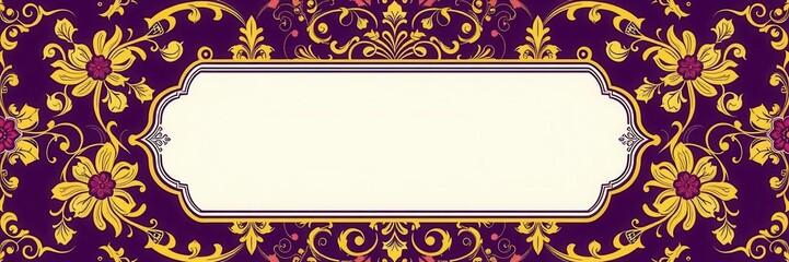 Vintage purple card with elaborate gold label, ornate floral pattern, and antique design elements, elements, label