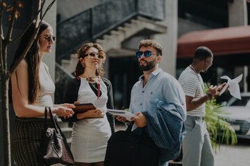 Wall Mural - A group of business people stand outside, socializing and sharing documents. They exhibit a collaborative and professional atmosphere, dressed in business attire, while enjoying the sunny weather.