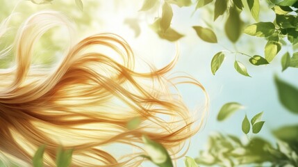 Aufkleber - Long, golden hair dances gently in a warm breeze, illuminated by sunlight filtering through vibrant green leaves above. Generative AI