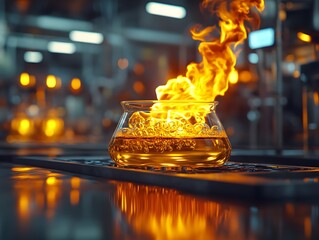 Poster - A glass container with flaming liquid, showcasing a dramatic chemical reaction.
