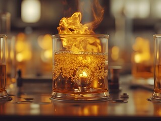 Poster - A laboratory scene with a glass container holding a fiery liquid and bubbles.