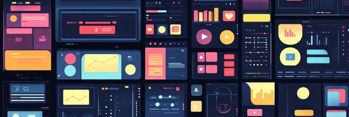 Poster - A collection of colorful screens displays various social media interfaces with charts, graphs, and interactive elements representing user activity. Generative AI