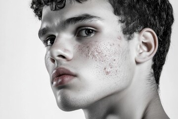 Poster - A close-up of a young person with visible acne on their face, showing various types of blemishes in detail