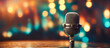 © Ekaterina - Stylish old retro microphone on colored background with bokeh. Concept bannner karaoke and stund up comedy