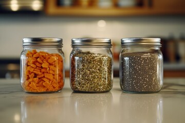 Poster - Three glass jars display vibrant pumpkin pieces, whole hemp seeds, and chia seeds, neatly arranged on a kitchen countertop. Generative AI