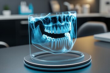 Poster - High-tech 3D holographic X-ray of teeth and jaw, displayed in a futuristic clinic setting