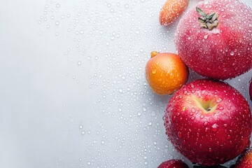 Leinwandbilder - A collection of shiny red apples and small orange fruits with water droplets on a light background, creating a fresh appearance. Generative AI