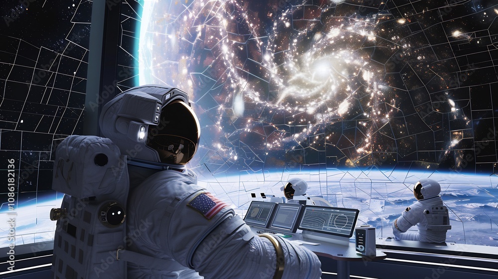 Astronaut in space observing a massive cosmic anomaly with space ...