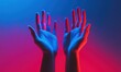 © Влад Герченов - Reaching for the Unknown: Two hands illuminated in vibrant neon blue and red, reaching upwards against a gradient background. A captivating image that evokes a sense of mystery and possibility