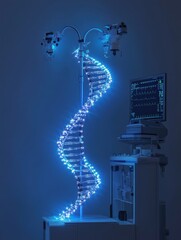 Aufkleber - A vibrant display of a DNA helix illuminated with blue lights stands in a contemporary lab filled with medical equipment. Generative AI