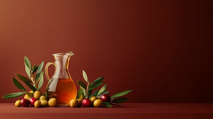 Wall Mural - Olive oil. A glass pitcher filled with golden oil sits beside olives and olive branches on a warm, rich background.